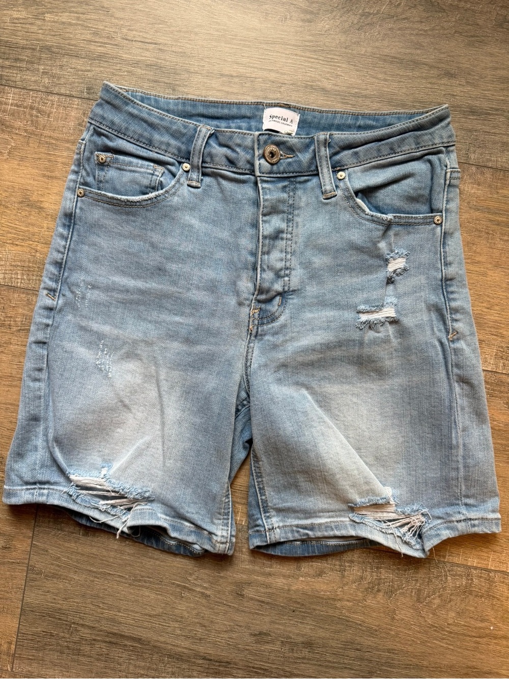 Distressed Light Blue Jean Shorts with Frayed Hem